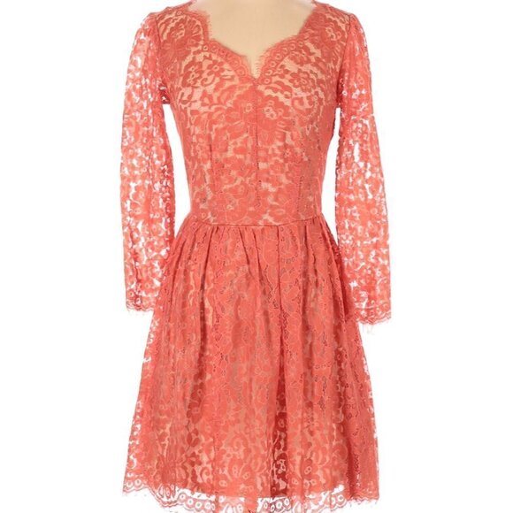 Bar III Coral Orange Lace Dress V Neck Collar Size S - Picture 1 of 3
